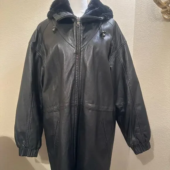 IZZY - Ladies Black 100% Genuine Leather Fur Hooded Zip Jacket Size Medium/Large - Picture 5 of 16